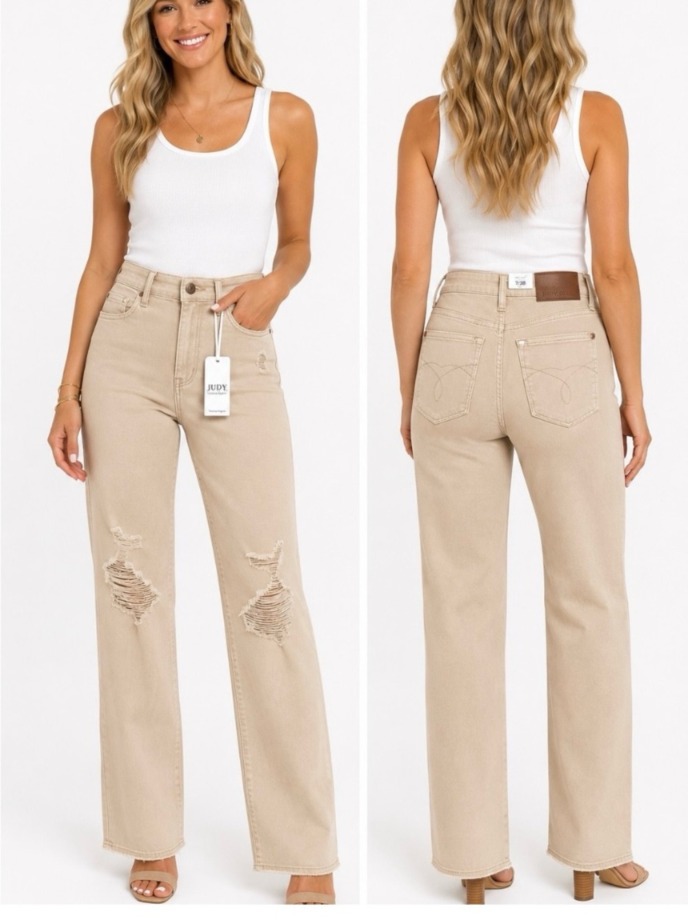 Judy Blue Beige High-Rise Wide Leg Jeans